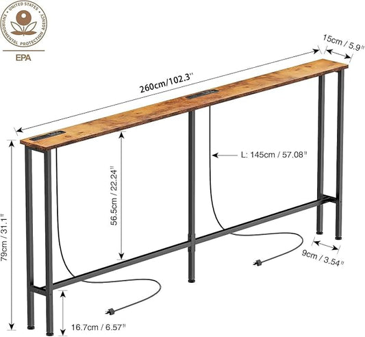 Keelian 102" Narrow Console Sofa Table - 2 Power Outlets & 4 USB Ports, Metal Frame, Rustic Brown, Perfect for Hallway, Office, and Behind Sofa - Easy Assembly, 4.9' Extension Cord Included