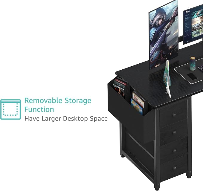 Lufeiya L Shaped Gaming Desk with Drawers & Storage Shelves, 55 Inch Corner Computer Desk with Power Outlet for Home Office Bedroom, L-Shaped Teen PC Desks with Fabric Drawer, Black
