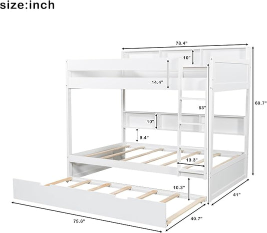 Harper & Bright Designs Rustic Wood Bunk Bed with Pull-Out Trundle, Twin Over Twin Wooden Bunk Bed with Large Cabinet Beside Upper and Down Bed, White