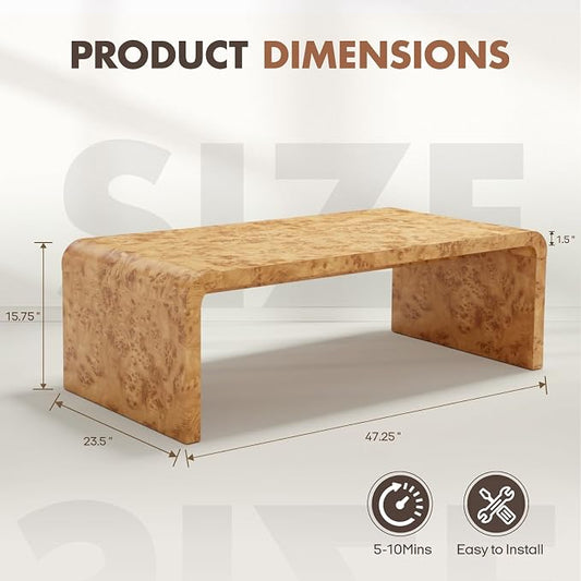 Hyfirm 47" Mid Century Modern Burl Wood Coffee Table, Rectangular Waterfall Center Table for Living Room, Minimalist Large Sofa Table with Rounded Edges & Sturdy Curved Legs, Easy Assembly