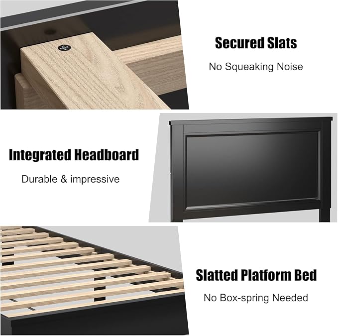 Wood Bed Frames with Headboard, Mid Century Bed Frame with Solid Wood Legs & Wooden Slat Support, Mattress Foundation Bed Base, No Box Spring Needed, (Black, Twin)