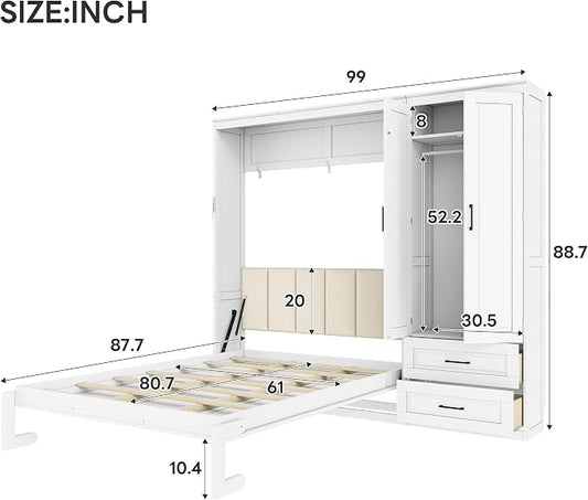 Merax Farmhouse Multi-Functional Murphy Bed with Wardrobe & Drawers,White | Queen Size Foldable Wall Platform Bed Upholstered Headboard for Guest-Room, Bedroom/ Space Saving