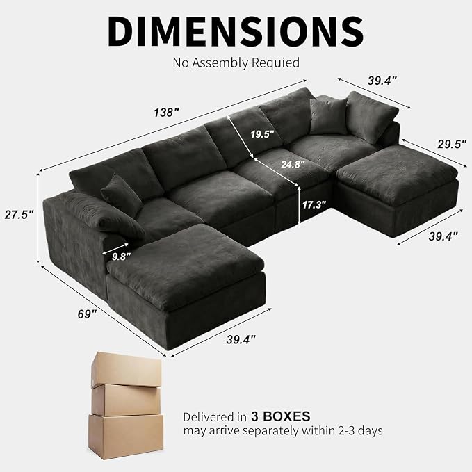 138" Boneless Cloud Couch Sectional for Living Room, Oversized Modular U Shaped Sofa with Double Chaise, Deep Seat Chenille Sectional Couch for Cloud-Like Comfort(Onyx Black)