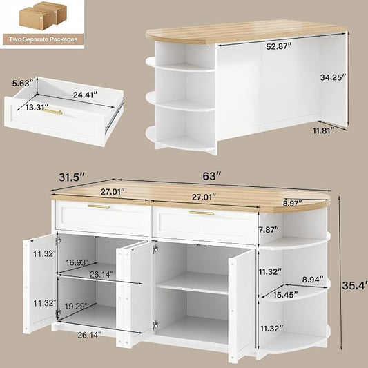 HSH 63” Large Kitchen Island with Storage & Seating, Modern Counter Height Island Table with 2 Drawers & Cabinets, 3 Oval Open Shelves, Stationary Island Prep Table for Kitchen Dining Room, Light Oak