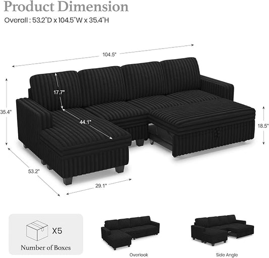 Belffin Modular Sectional Sofa with Storage Chaise Corduroy Sleeper Sofa with Pull Out Bed L Shaped Couch for Living Room. Apartment Couch. Black