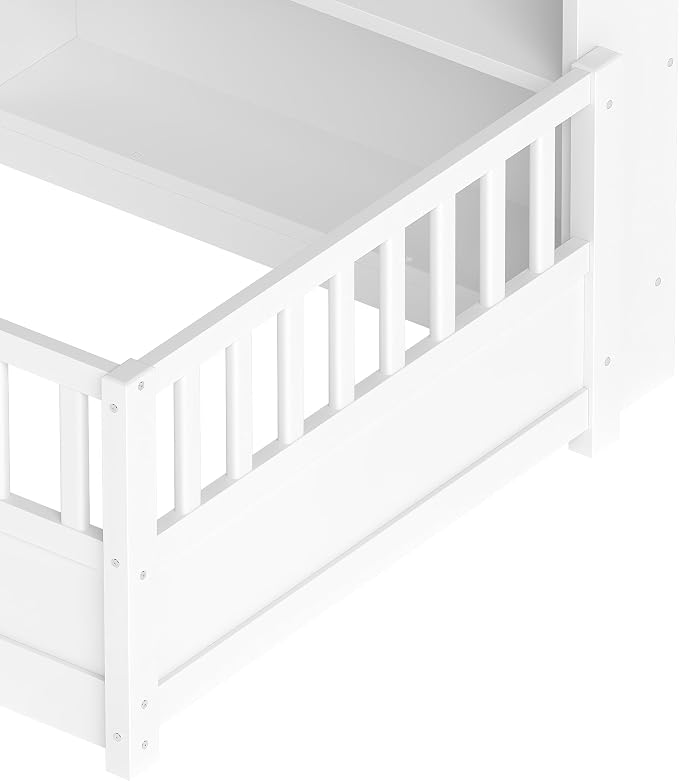 Bellemave Kids Montessori Floor Bed Twin Size,Floor Bed Frame with Bookcase and Fence for Kids Boys Girls,White