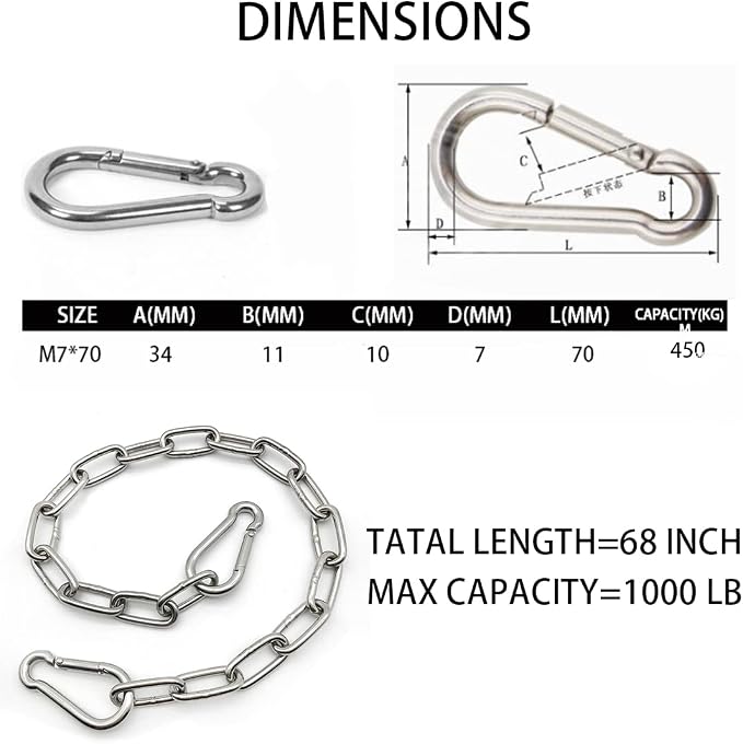 Heavy Duty Stainless Steel Chain 550LB Capacity for Punching Bags Hanging Chair Hammocks Swing Trapeze Yoga