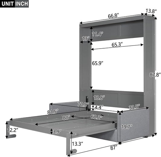MERITLINE Queen Murphy Bed with Couch,Wood Murphy Bed Cabinet with Sofa,Folding Murphy Wall Bed Queen Size Grey Murphy Bed Cabinet