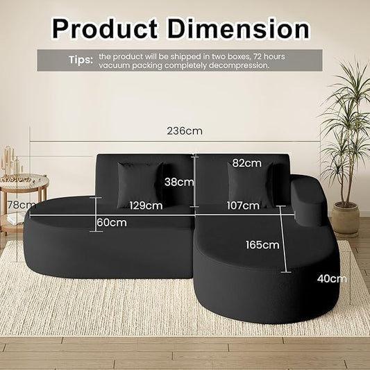 Modern Curved Boneless Sofa Couch, L-Shaped Corner Sofa, Chenille Upholstered Cloud Sectional Couch for Living Room, Bedroom and Apartment,No Assembly Needed(Black, Right Hand Facing)