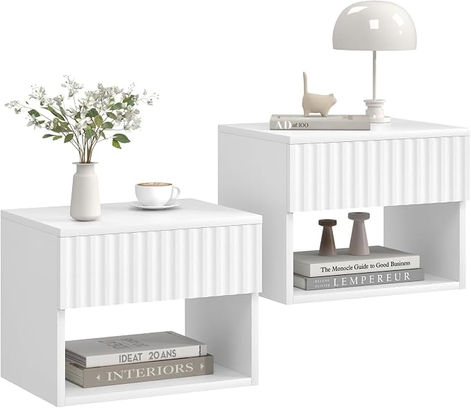 Floating Nightstand Set of 2, Modern Wall Mounted Bedside Tables with Fluted Drawer, Night Stand Small End Table with Open Storage Shelf for Bedroom, Living Room, Small Spaces, White