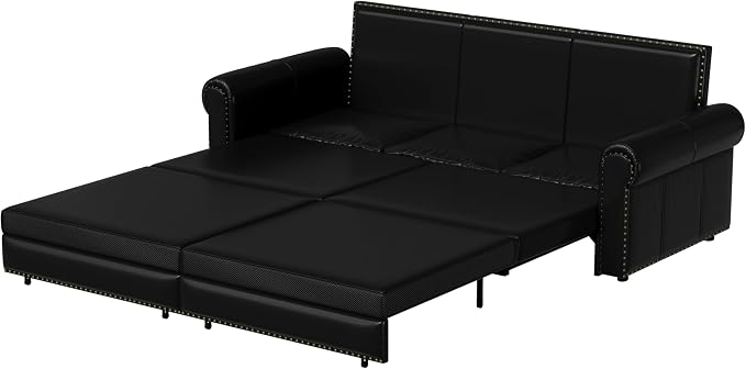 93.7" King Size Sleeper Sofa Bed, Pull Out Sofa Bed, Faux Leather Upholstery, 3 in 1 Convertible Sleeper Couch, Chaise Lounge, Retro Recliner for Living Room, Apartment, Office, Black