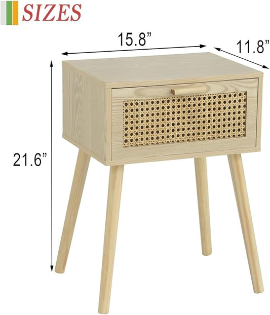 AWASEN Rattan Nightstand, Bedside Table with Rattan Drawer, Wood End Table with Storage and Solid Wood Legs for Bedroom Living Room Small Space (Walnut)