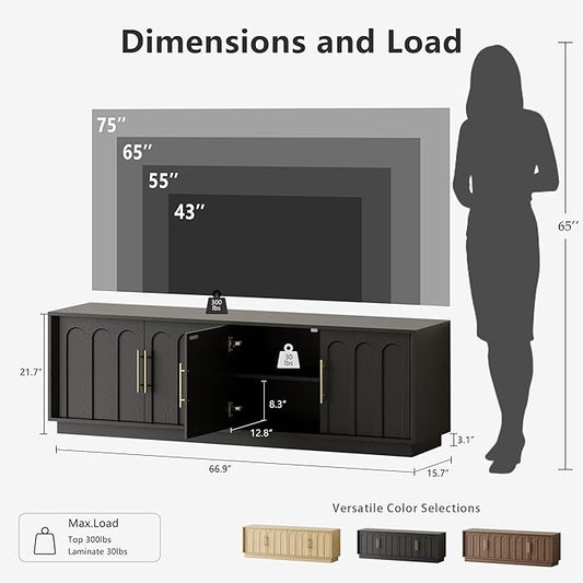 FORTUNETEC TV Stand for 75 Inch TV, 67" Entertainment Center with Arched Design, Minimalist Media Console with Adjustable Shelves, Modern TV Stand for Living Room Bedroom, Black