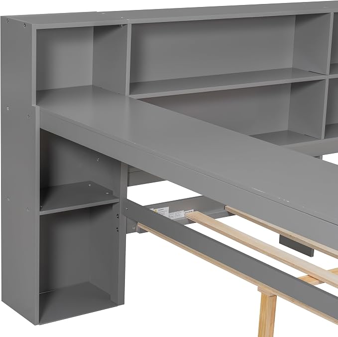 Bellemave Full Corner Bed with Storage Shelves and Desk, Upholstered Headboard Daybed with Bookcase and Drawers,Daybed with Storage, Grey+ Grey Cushion