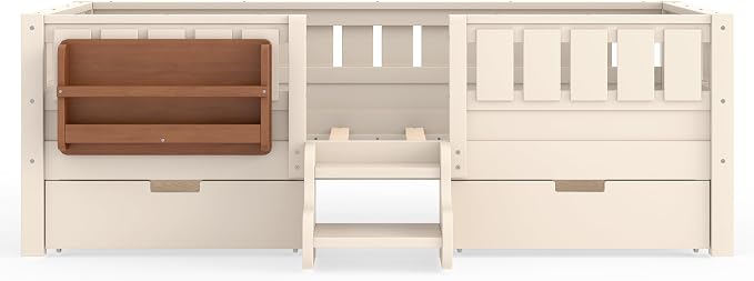 Bellemave Twin Size Kids Montessori Bed with Stairs and Bookshelf,Solid Wood Twin Size Kids Bed Frame with Drawers and Storage for Girls Boys,Low-Profile,Beige