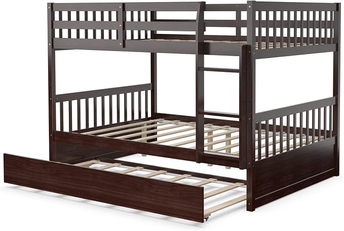 KOMFOTT Wood Full Over Full Bunk Bed with Trundle, Full Bed Frame with Ladder, Solid Wood Frame & Safety Guardrails, Space-Saving Bunk Bed for Teens & Adults, No Box Spring Needed