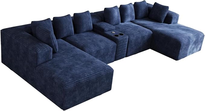 143" Oversized U Shaped Cloud Sectional Couches for Living Room, Comfy Fluffy Corduroy Blue Boneless Couch, Large Modular Sectional Sofa Set with Chaise, Cup Holder, USB Port, Storage Console