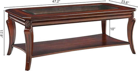 Rectangle Coffee Table for Living Room, Solid Wood Coffee Table with Glass Top, Traditional Distressed Farmhouse Style with Shelf, Solid Hardwood Rustic Center Table for Living Room, Cherry 1168GT