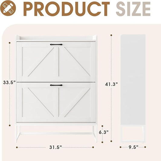 GRUSIGN Shoe Cabinet, Shoe Storage Cabinet with 2 Flip Drawers & Adjustable Shelf, Space-Saving Shoe Organizer – Holds 16+ Pairs, Narrow Shoe Cabinet Storage for Entryway/Hallway(White)