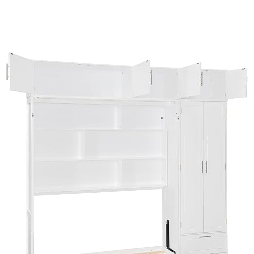 Murphy Bed Queen Size,Murphy Bed with Top Cabinet and Shelves,Space-Saving Multifunctional Hideaway Wall Foldable Bed w/Slat Support,Bedroom Folding Bedframe for Guest Room,White