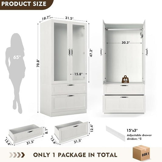 MEISSALIVVE 2 Door Wardrobe Cabinet with Hanging Rod & 2 Drawers, 70.9''H Armoire Wardrobe Closet with Frosted Glass, Wardrobe Clothes Storage Closet Cabinet for Bedroom, Wood Grain