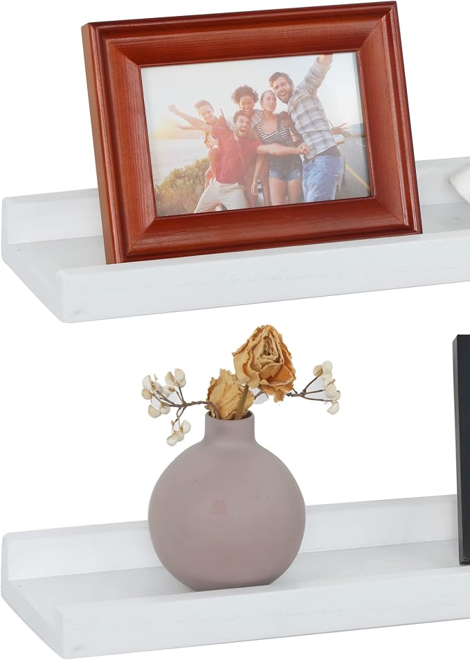 Long Floating Shelves 36 Inches Set of 4,Wood Picture Shelf for Wall with Ledge,Photo Frames Display Shelves Wall Mounted Rustic for Living Room Bedroom Kids Nursery,Home Decor (Rustic White)