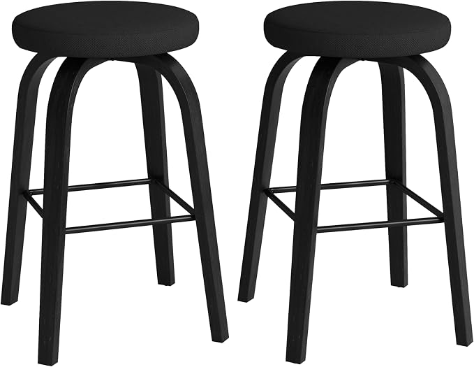 Bar Stools Set of 2, Counter Height Backless Bar Stools, 30" Swivel Barstools Kitchen Chair with Upholstered Fabric Seat, All Black