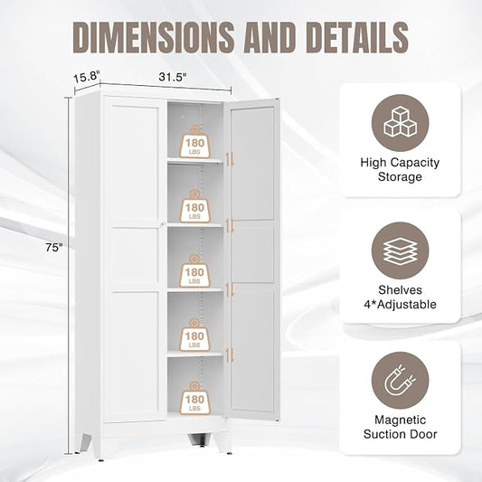 Yizosh Metal Pantry Cabinet, 75" Kitchen Pantry with 2 Door and 4 Adjustable Shelves,White Metal Pantry Storage Cabinet,Cupboard for Kitchen,Dining Room,Living Room and Bathroom