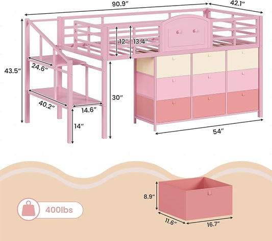VIAGDO Low Loft Bed Twin Size with 9 Storage Drawers and LED Lights, Metal Twin Loft Bed with Stairway Shelf Storage, Low Loft Bed with Safety Guardrail and Under-Bed Hideaway for Kids, Pink