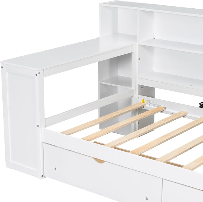Bellemave Twin Corner Bed with Storage Shelves and Desk, Upholstered Headboard Daybed with Bookcase and Drawers,Daybed with Storage, White+Beige Cushion