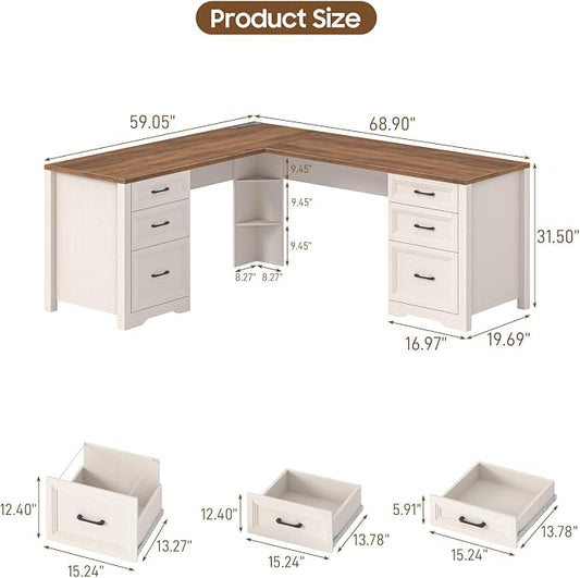 Vabches Wood L Shaped Executive Desk with 6 Drawers, Farmhouse Home Office Desk with Power Outlets and Triangle Under-Desk Storage Shelf & Drawer File Cabinet, Corner Computer Desk, Brown