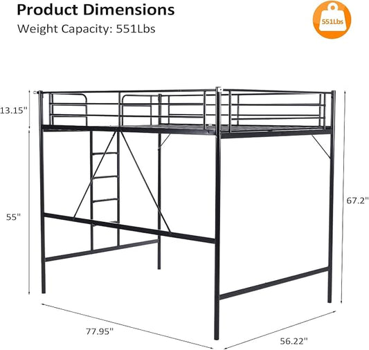 VINGLI Loft Bed Full Size with Flat Rungs for Adults, Kids and Young Teens, No Box Spring Needed,Heavy Duty Metal Slat Support,Black