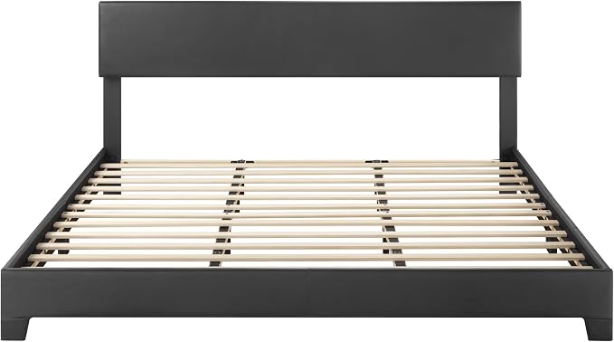 SHA CERLIN PU Leather Upholstered King Size Bed Frame with Headboard,Black | Adjustable Low-Profile Platform Bed, Minimalist Design, Stable Mattress Foundation, Strong Back-Support, No Box Spring Needed