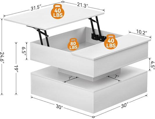 FABATO Lift Top Coffee Table with Storage and Hidden Compartment, Wood Square Coffee Table for Living Room, 31.5'' Small Center Table with Open Display Shelf for Dining Reception Room, White