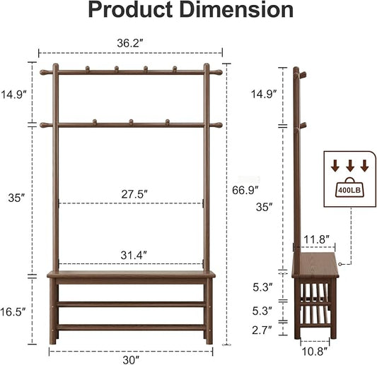AQIMUELE Coat Rack with Shoe Storage, Wooden Hall Tree with Bench, 11 Hooks and 2-Tier Storage Shelves, 3-in-1, Entryway Bench with Coat Rack (39.3"-Walnut)