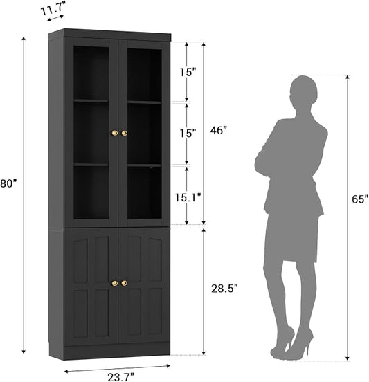 Cyclysio 80" Kitchen Pantry Cabinet with Glass Doors and Adjustable Shelves, Kitchen Cabinet with Thickened Top Panel, Tall Cabinet for Livingroom, Pantry, Bathroom, Black, Set of 2
