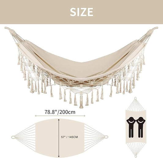 Bellzacasa Double Hammock, Heavy Duty 500 lb Load Capacity Tassels and Fishtail Knitting Portable Camping Hammocks with Mounting Straps for Outdoor Camping Patio Balcony Beige