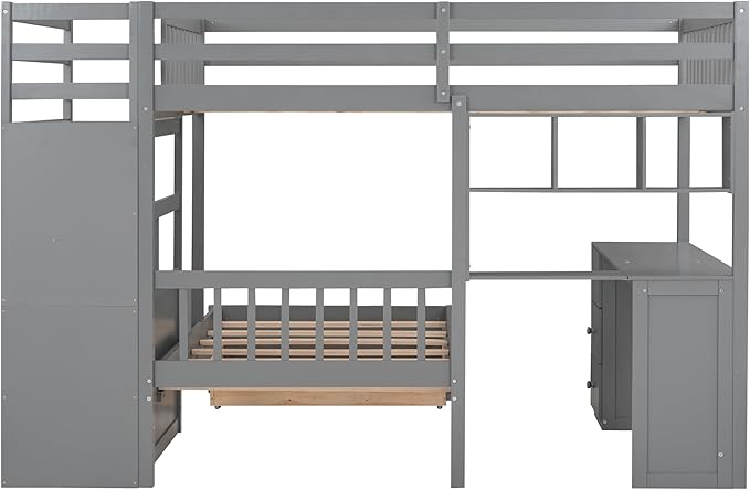 Ball & Cast Full Over Twin Bunk Bed with Safty Guardrail & Storage Stair,Wood Loft Bedframe W/Drawers & Shelves,Desk,Space-Saving,Easy Assembly,Versatile Furniture for Boys Girls Teen Bedroom,Gray