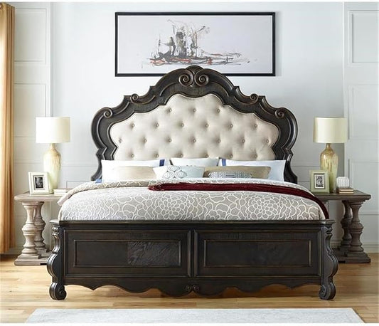 BOWERY HILL 6-Piece Queen Panel Wood Bedroom Set, Multi-Step Molasses Finish, Hardwood Solids and Veneers, Button-Tufted Headboard, Antique-Style Drawer Pulls, Traditional Design Furniture Set for