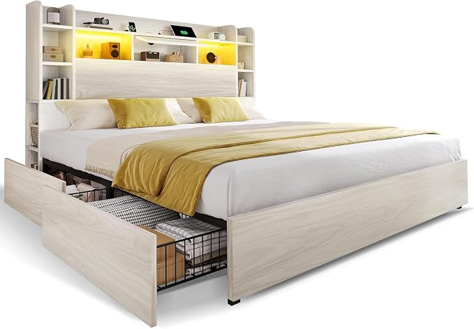 DWVO King Size Bed Frame with Bookcase Headboard and 4 Storage Drawers, RGB LED Bed Frame with Type-C & USB Charging Station Storage Headboard Bed, No Box Spring Needed, Noise Free, Wooden White