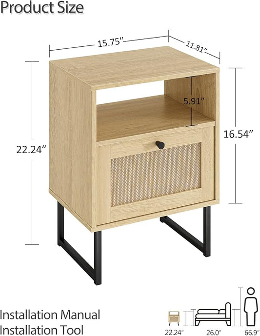 Masupu Rattan Nightstand,Modern Boho Farmhouse Wood Bedside Table with Storage Drawer and Open Shelf,Small Black Frame Side End Table for Bedroom,Living Room,Office (Natural)