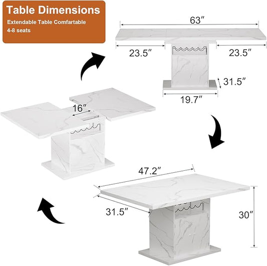 Extendable Dining Room Table for 4-6, 47-63 Inch Faux Marble Extendable Dining Table, Modern Expandable Rectangle Kitchen Dining Table with Storage for Kitchen Living Room