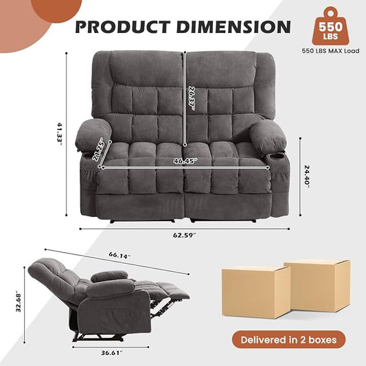 MAHOMICO Recliner Loveseat with Cup Holders for Living Room Love Seat Manual Oversized Recliner with Ergonomic, Side Pocket for Adult
