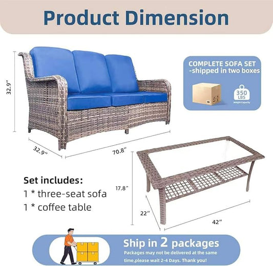 3 Seater Outdoor Wicker Sofa with Table, High Back Rattan Couch with Extra Thick Cushions, Wide Armrests, Deep Seating Sets for Porch Balcony Deck Yard, Blue