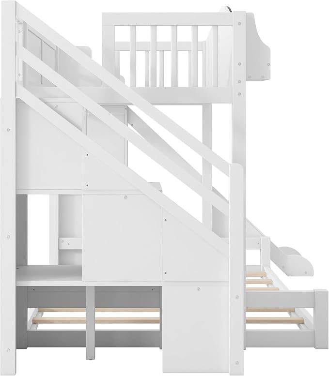 RUNNA Twin Over Full Bunk Bed with Slide,Storage Stairs,Shelf | Twin over full bunk bed with slide, storage stairs, overhead shelf, solid wood, guardrails, no box spring needed