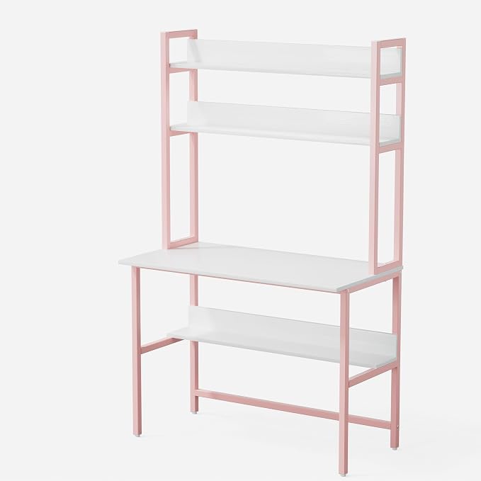 Aquzee Girls Desk with Hutch, 40“W x 19.6" D Computer Desk with Shelves, Tall Home Office Desk with Bookshelf, Metal Legs Study Table with Upper Storage Shelf for Study Writing/Workstation, Pink