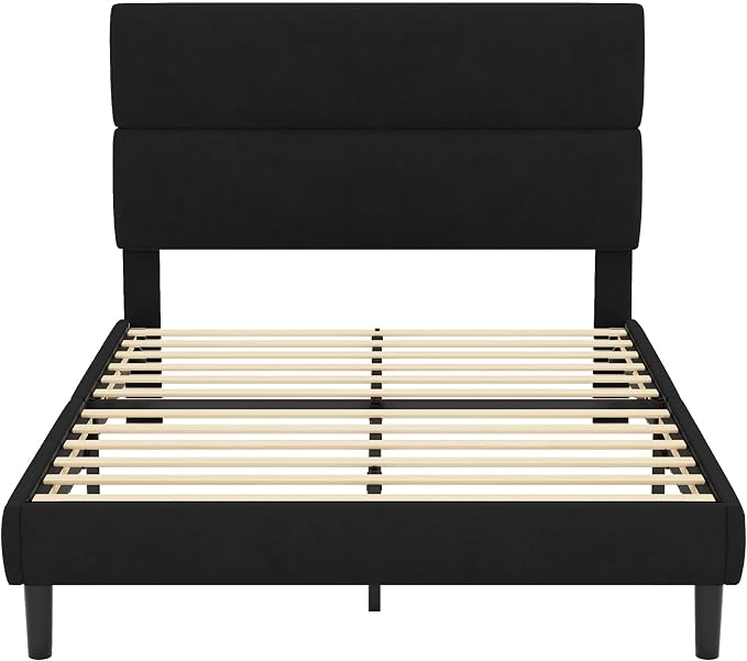 GRUSIGN Full Size Platform Bed Frame with Velvet Headboard, Adjustable Height Wooden Slats Support, Upholstered Mattress Foundation, Fits Mattress or Mattress with Box Spring, Easy Assembly, Black