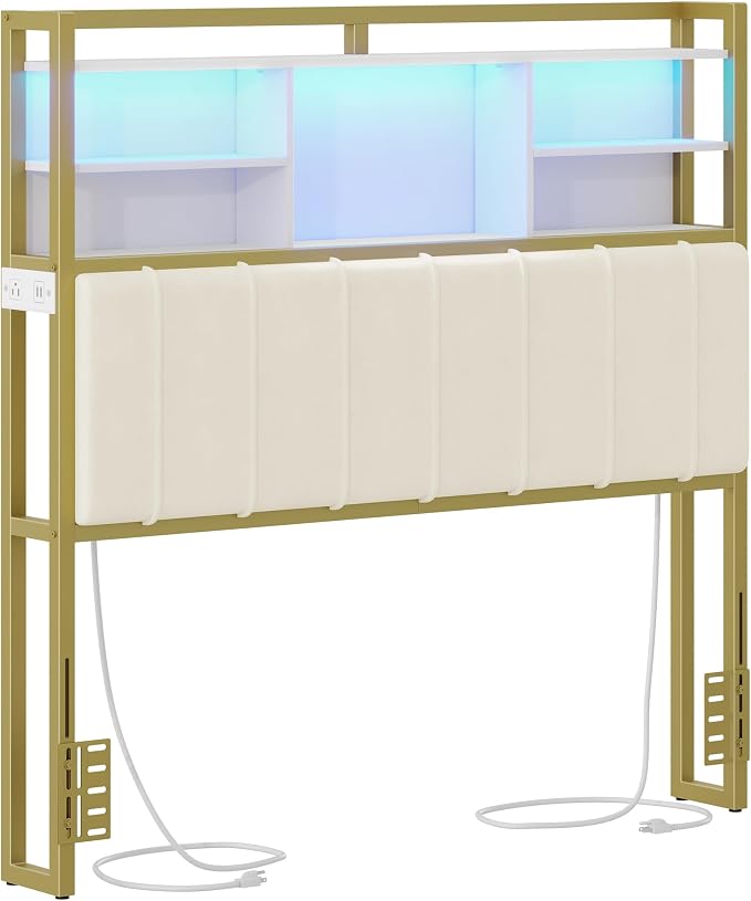 Hzuaneri Headboard with 3-Tier Storage Shelves, Velvet Upholstered Head Board with 2 Outlets, USB Ports & LED Light, Soft Backrest for Full Size Bed, White and Gold BH13803A