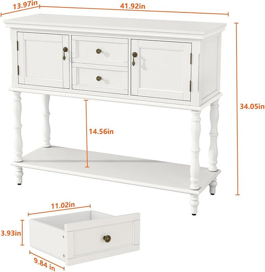 ARTPOWER Console Table with 2 Drawers, Retro Entryway Table with 2 Door Cabinets and Open Storage Shelf, Narrow Long Behind Couch Sofa Table for Living Room, Foyer, Hallway, White