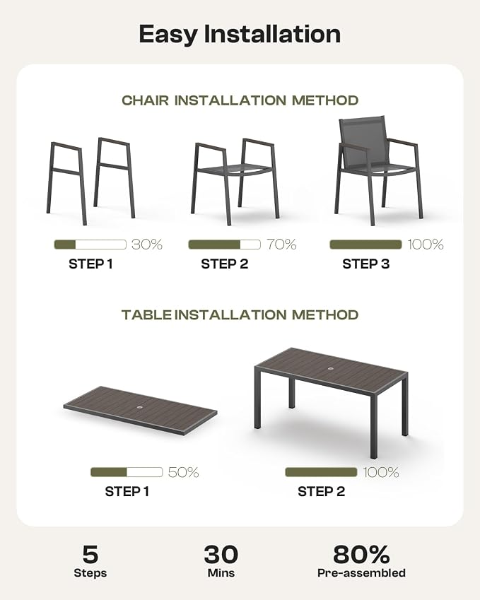 Outdoor Dining Table, Aluminum Patio Table Set, All Weather Patio Dining Furniture Set with Umbrella Hole for Backyard, Deck, Poolside (Charcoal)